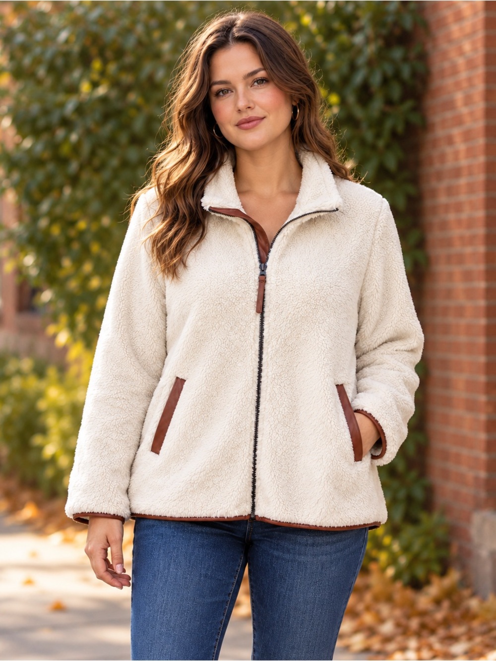 Torrid Ivory Sherpa Teddy Jacket Brown Faux Leather Trim Size 2